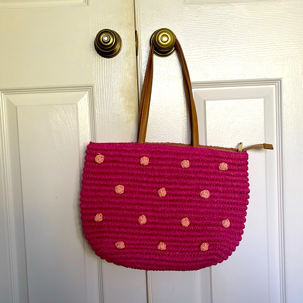 Talbots Fuchsia Straw Shoulder Bag With Light Pink Polkadot Accents